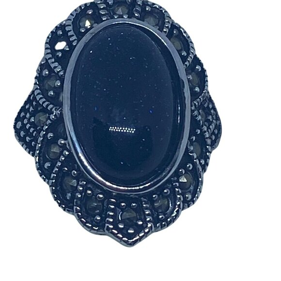 Marcasite Oval Dark Blue Stone Ring Tibetan‎ Sliver Base 10x16mm Size 8 - Picture 5 of 5